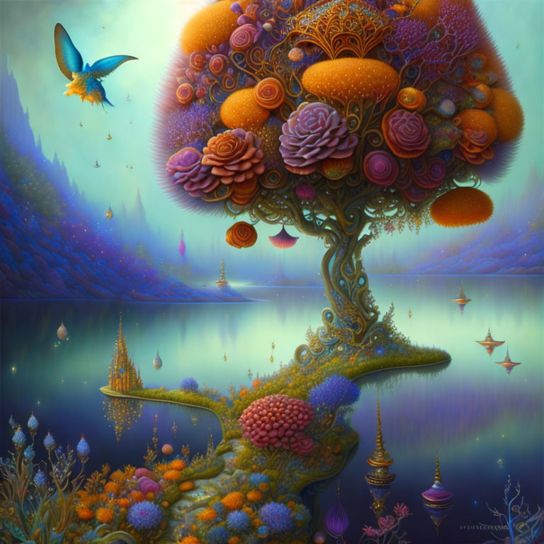 Colorful Mushroom Tree in Fantasy Landscape with Water and Lanterns