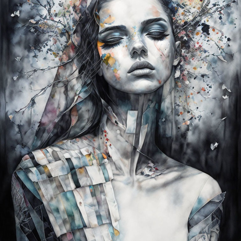 Colorful surreal portrait of woman with closed eyes and butterflies on monochrome background