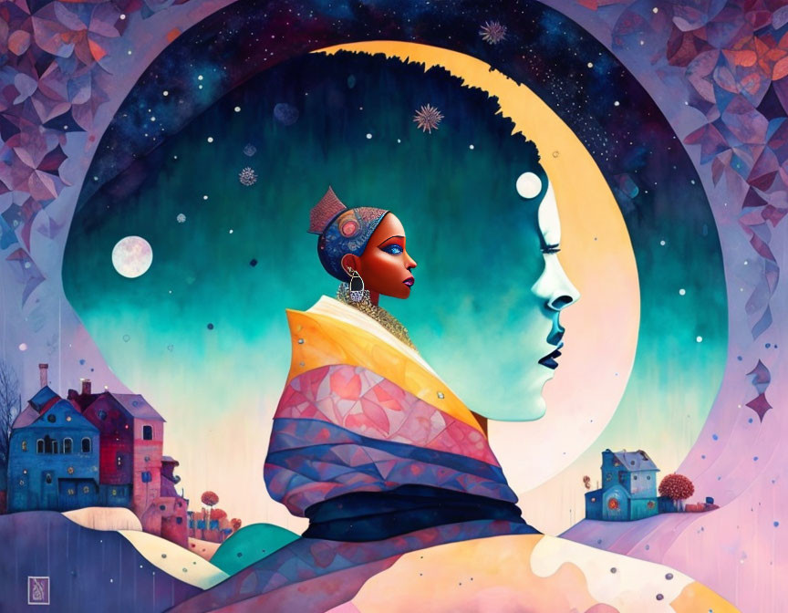 Colorful Artwork: Woman in Geometric Shawl under Night Sky
