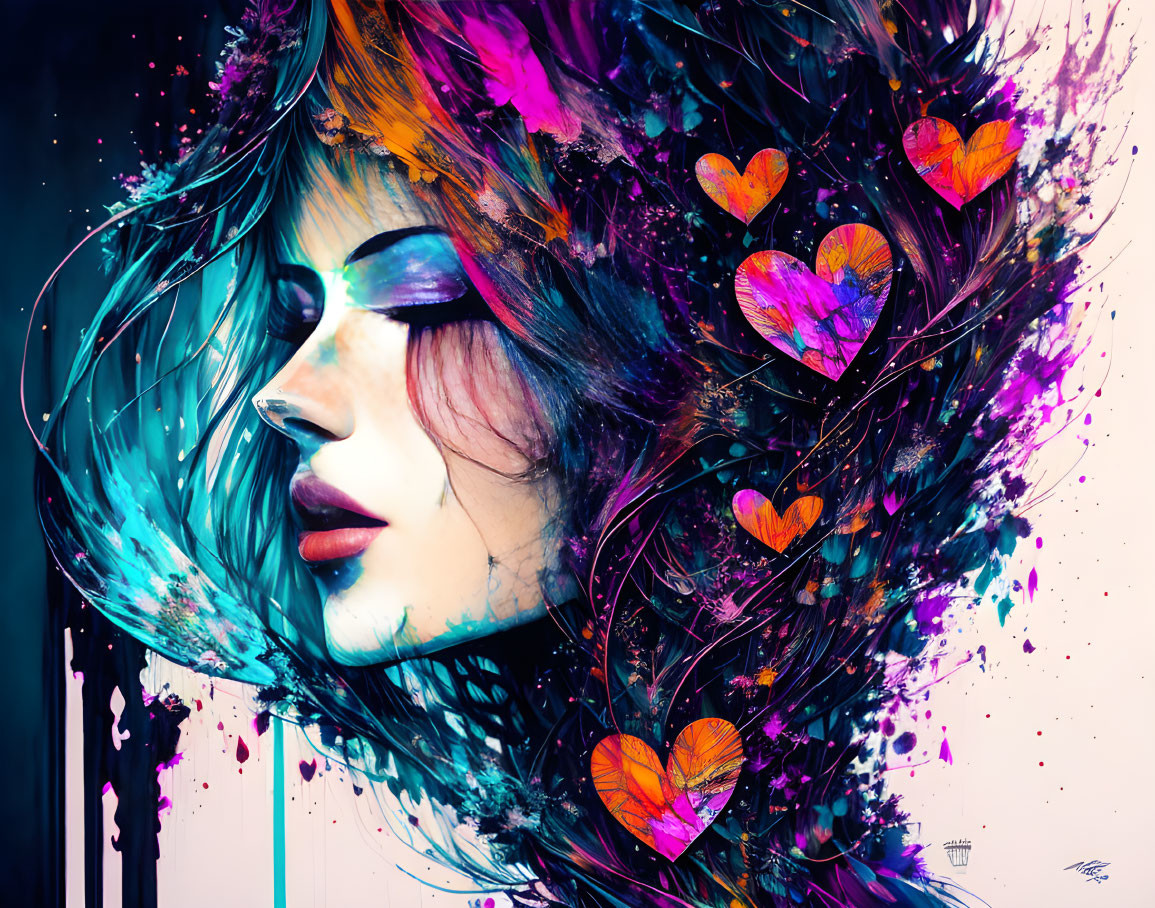 Colorful digital art: Woman's profile with heart patterns in flowing hair