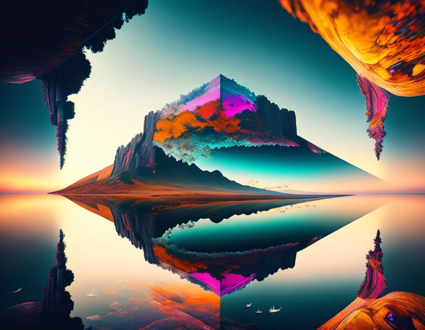 Vibrant surreal landscape with floating mountain and boats in water