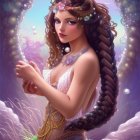 Digital artwork of woman with flower-adorned hair in enchanted garden