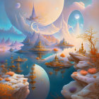 Vibrant fantasy landscape with glowing flora and celestial bodies