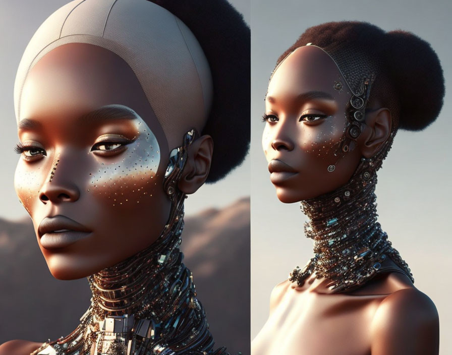 Futuristic digital artwork of a woman with metallic jewelry and freckles