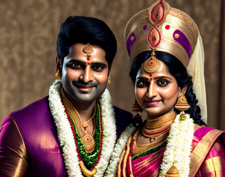 Traditional Indian Wedding Attire Portrait of Smiling Couple