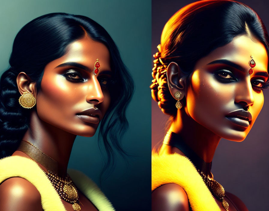 Side-by-Side Portraits: Woman with Striking Makeup and Traditional Jewelry in Vibrant Yellow Gar