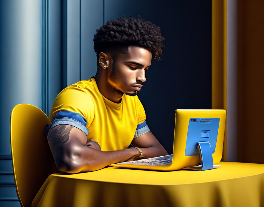 Stylish haircut individual at yellow table with blue laptop and decor.