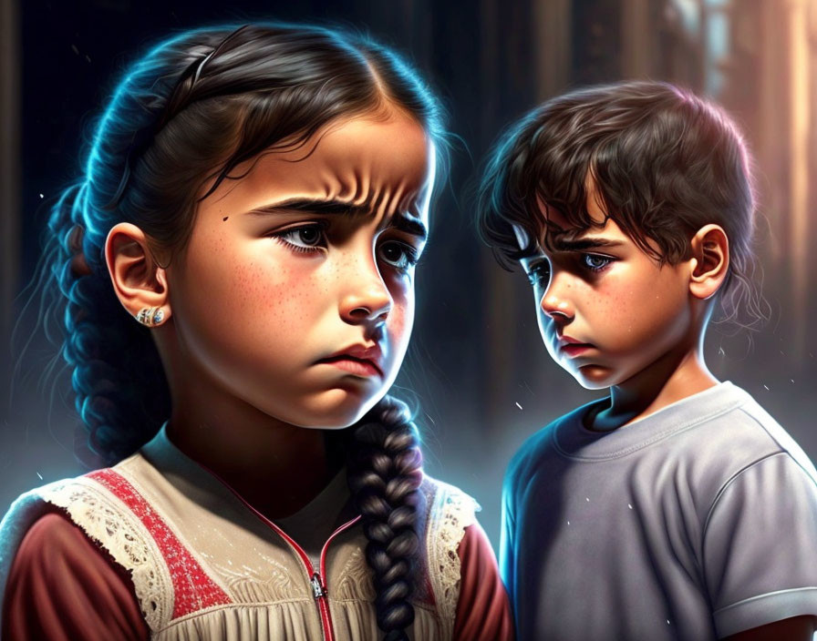 Digital artwork featuring young girl and boy with sorrowful expressions in dark, moody setting