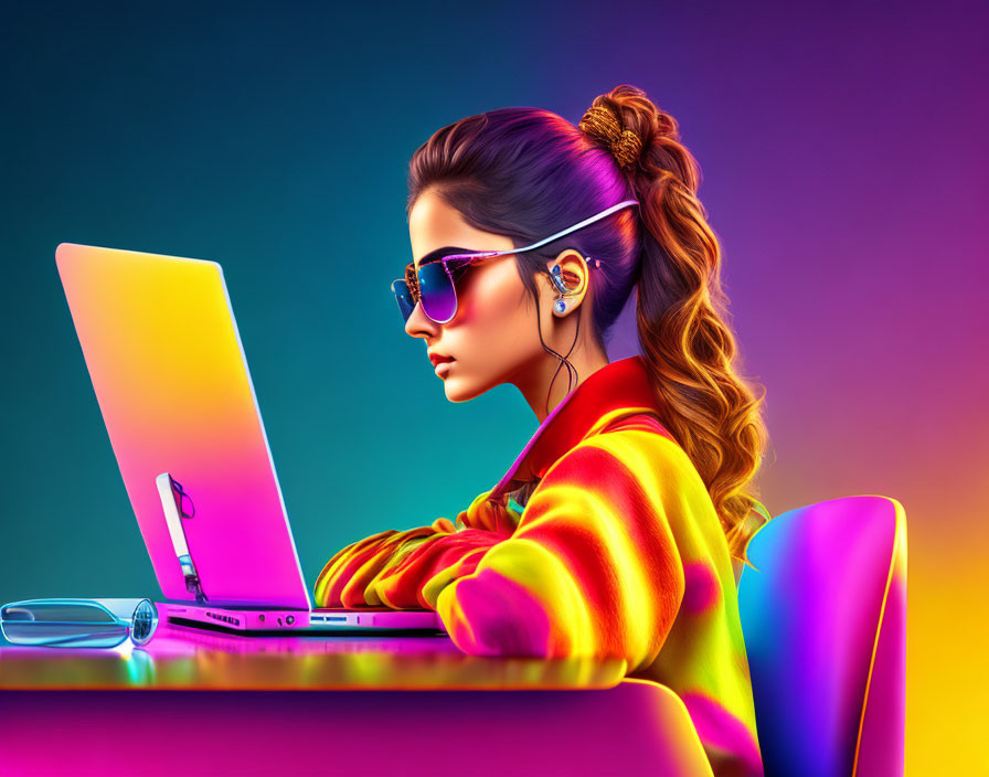 Fashionable woman in sunglasses and headphones using laptop on neon background