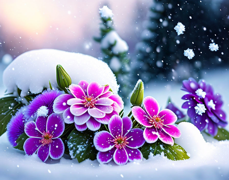 Purple Flowers in Snowy Winter Scene