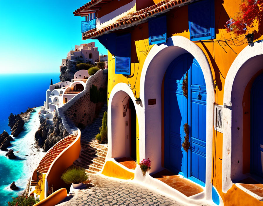 Vibrant cliffside buildings with blue doors by the sea