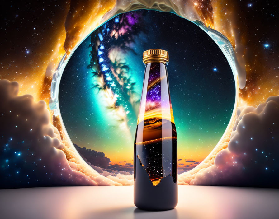 Vibrant sunset scene in a bottle with cosmic backdrop