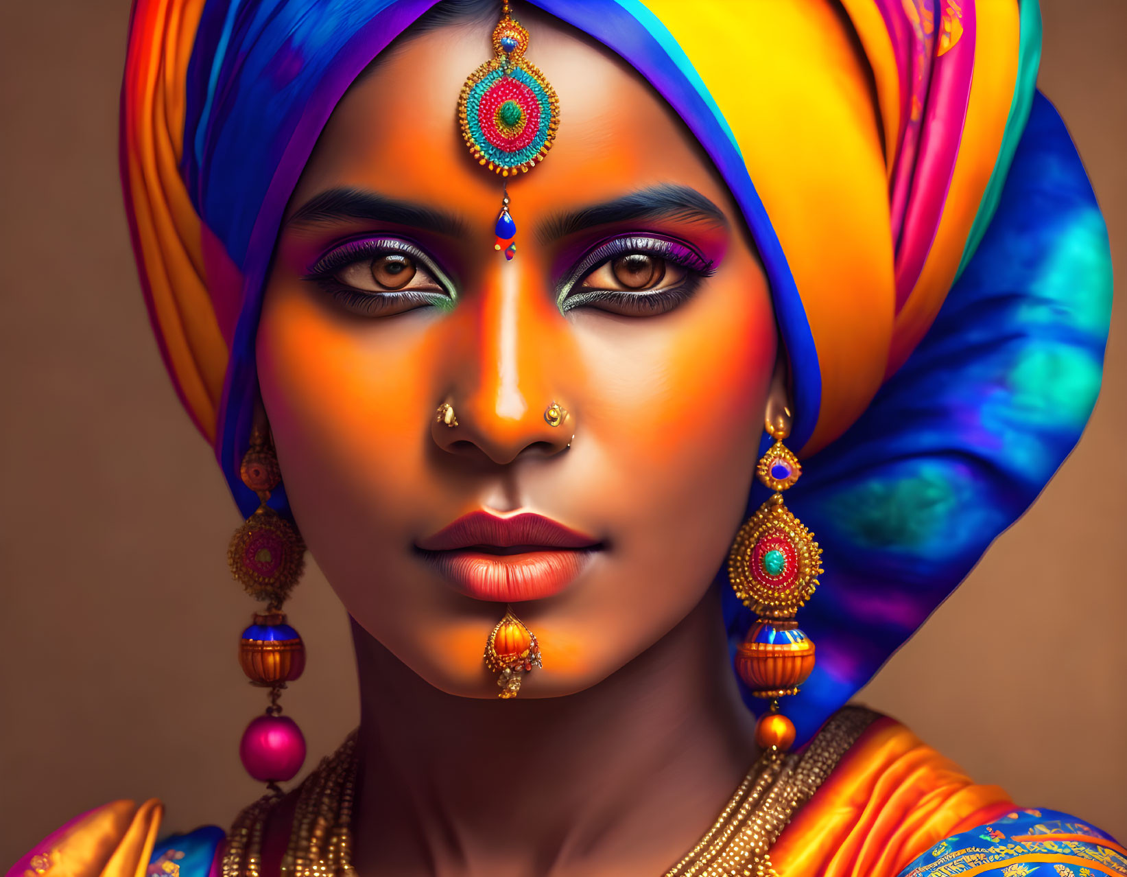 Vibrant multicolored turban on woman with striking makeup