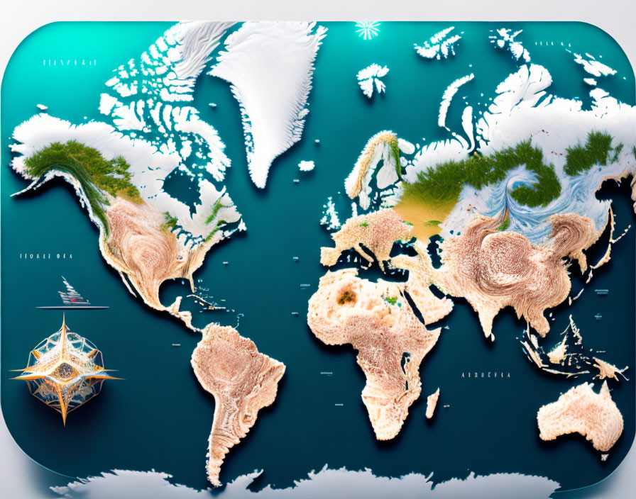 Textured World Map with Raised Relief on Teal Background