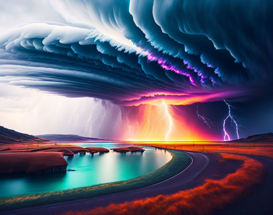 Colorful surreal landscape with dramatic sky and lightning above winding road by blue waters