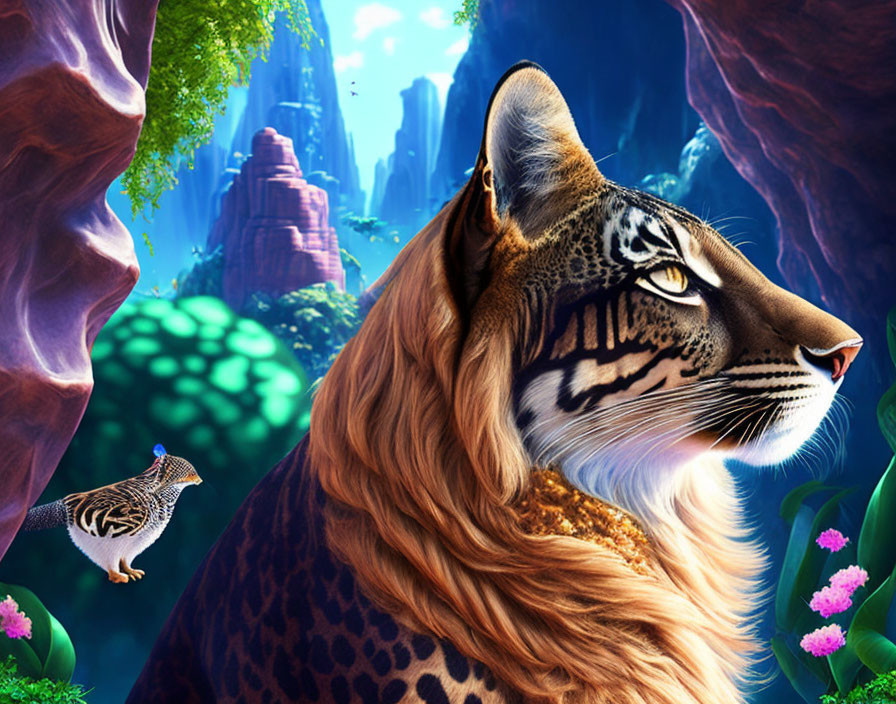 Majestic tiger in vibrant, fantastical jungle with bird