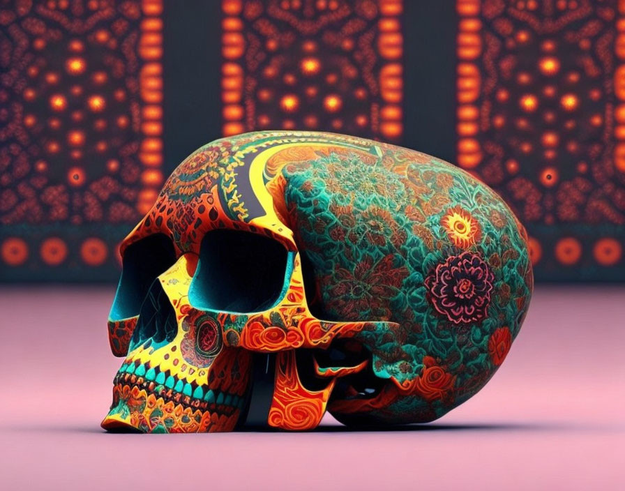 Colorful intricately patterned skull with digital circuitry motifs.