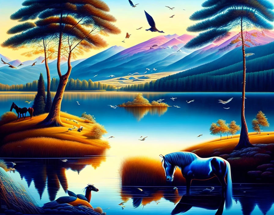 Tranquil landscape: horses, lake, trees, wildlife, mountains, colorful sky.