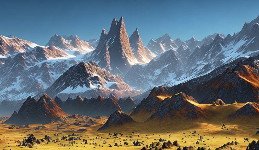 Snow-capped mountain peaks and rocky formations in vast landscape