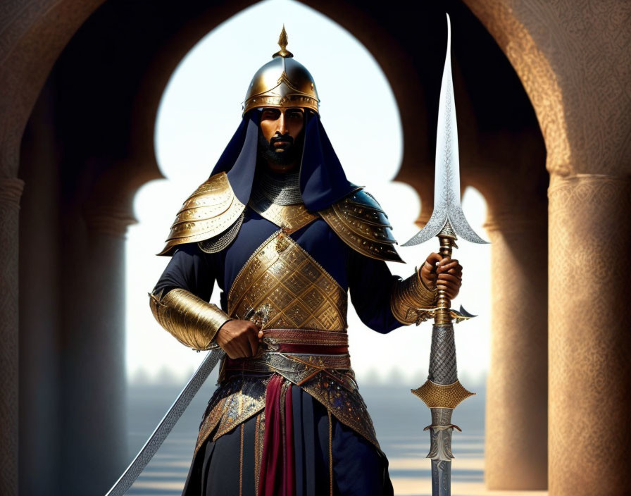 Warrior in Golden Armor with Spear Under Desert Arch