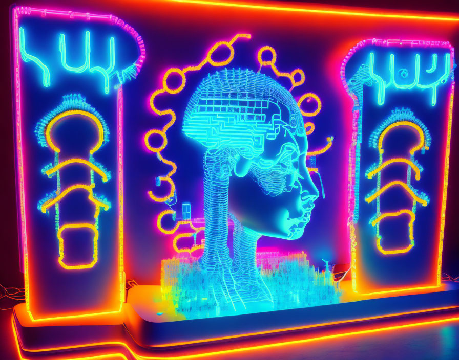 Colorful neon art installation with human head silhouette and abstract shapes.