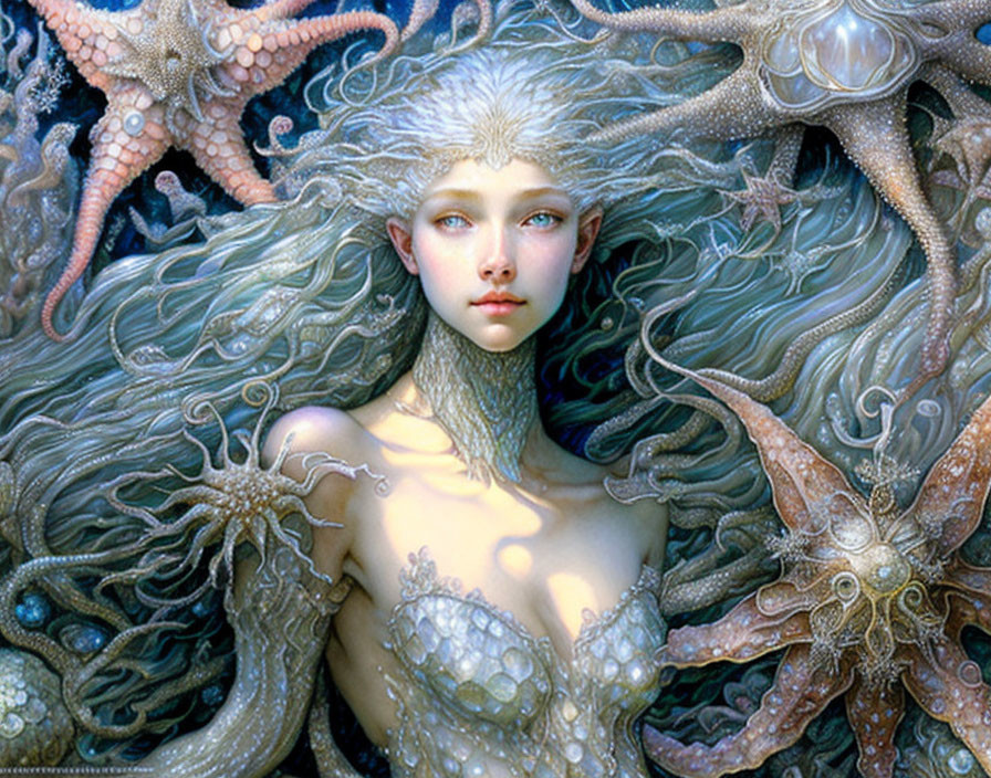 Fantasy mermaid with marine details and starfish in serene setting