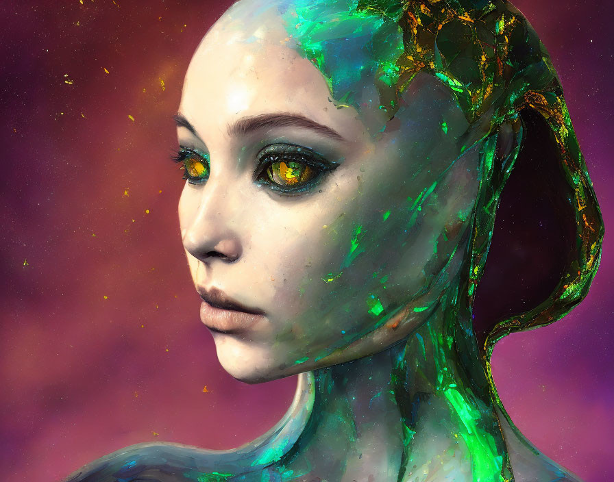 Digital artwork: humanoid figure with green crystalline skin on cosmic background.