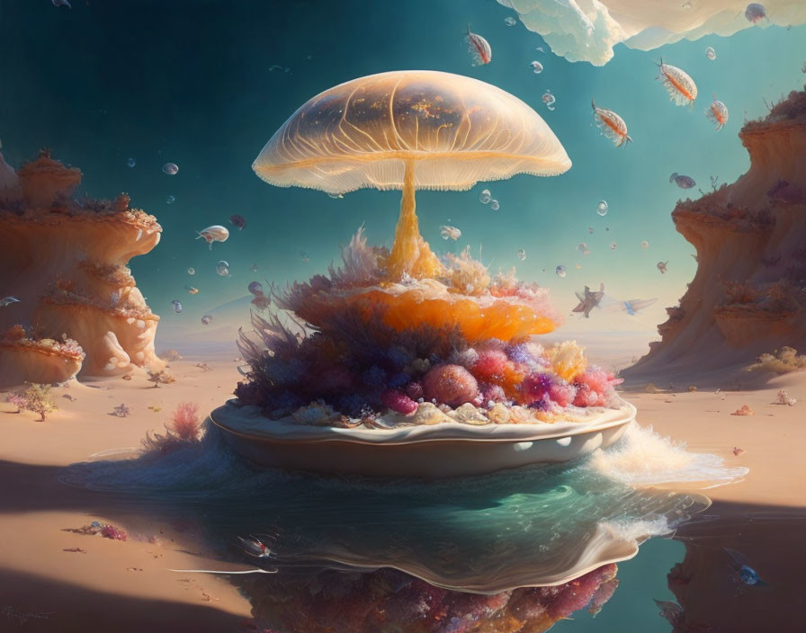 Fantastical landscape with giant jellyfish entity and smaller jellyfish in warm ambient setting