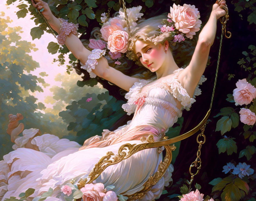 Woman on Swing Surrounded by Flowers in Elegant Gown