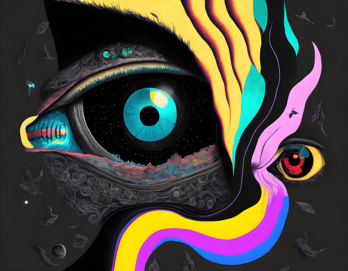 Vibrant surreal eye illustration with cosmic and terrestrial elements