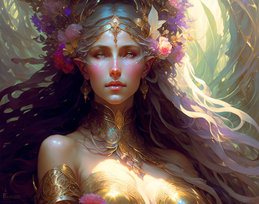 Woman adorned with golden jewelry and floral crown exudes goddess-like aura