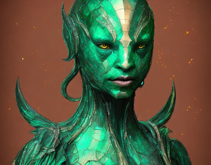 Detailed digital portrait of green-skinned humanoid with reptilian features on brown background
