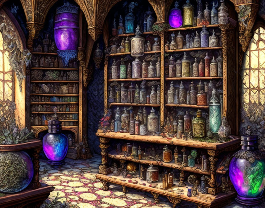 Colorful potion-filled apothecary with glowing jars in whimsical setting