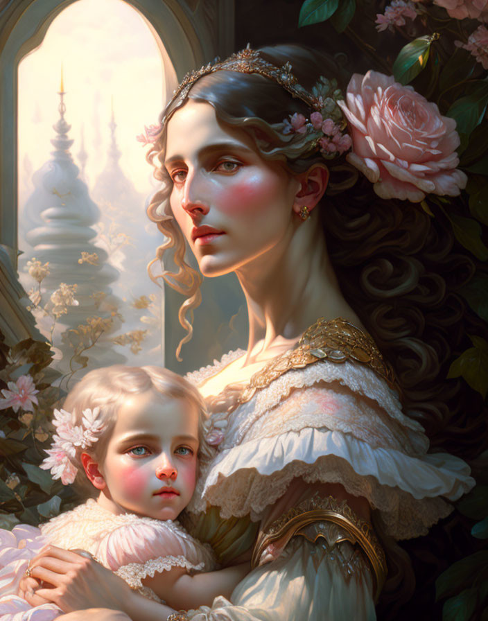 Woman and child in classical setting with flowers and warm light by window.