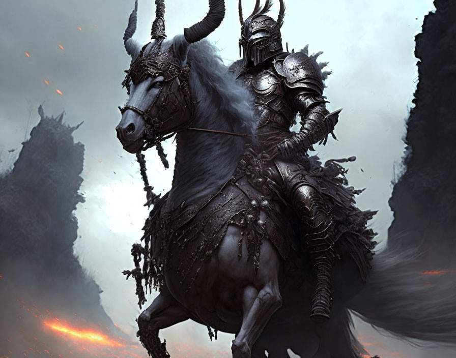 Mysterious armored figure on horned horse in dark, smoky scene