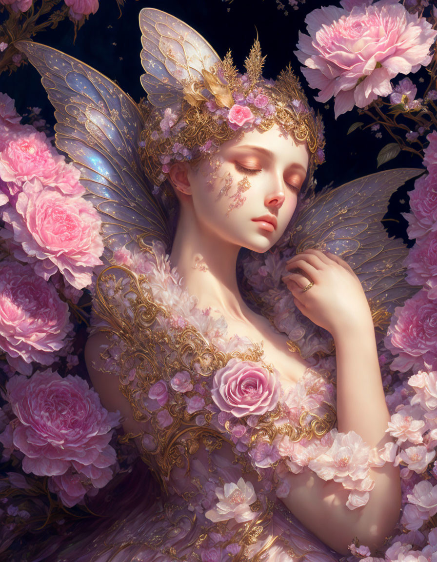 Ethereal figure with delicate wings in pink blossoms and golden attire