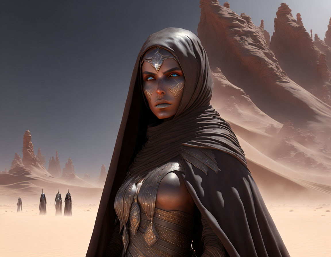 Digital artwork: Woman in desert armor with ornate markings in sandy landscape