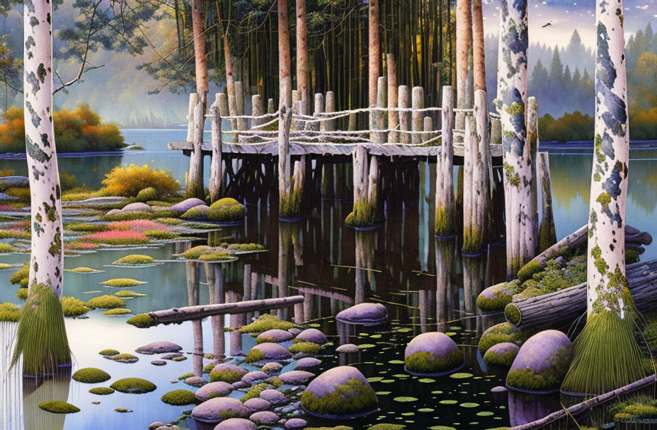 Tranquil woodland scene with wooden bridge, pond, birch trees.
