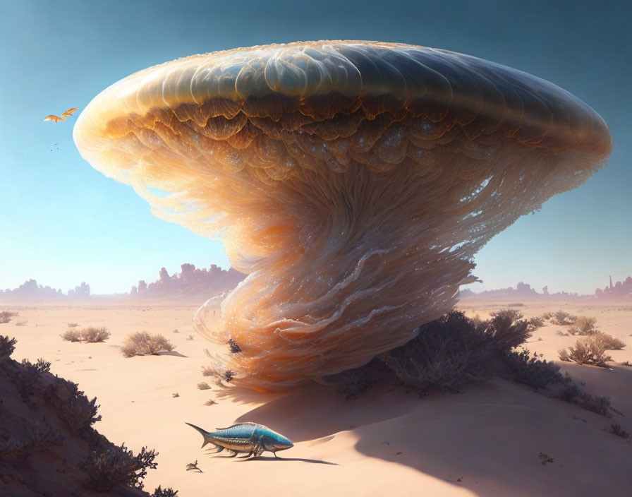 Giant mushroom structure in desert with small creature and bird-like entity