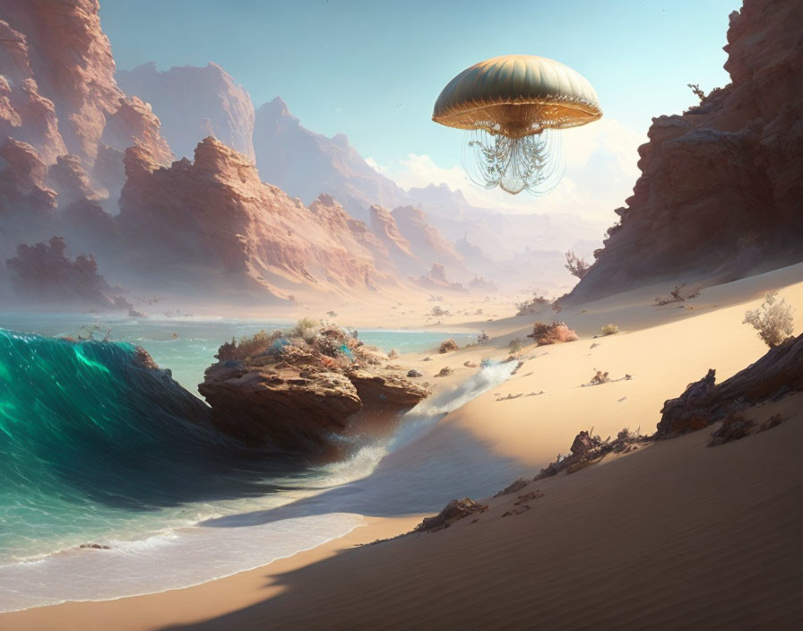 Fantastical desert landscape with jellyfish-like creature and ocean waves