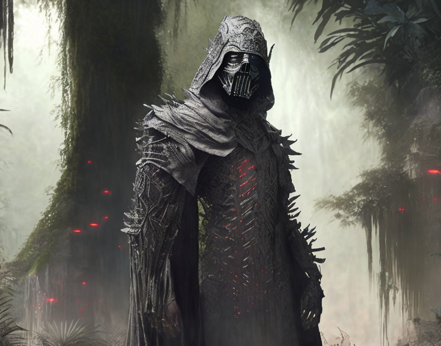 Mysterious figure in black mask in misty forest with red light