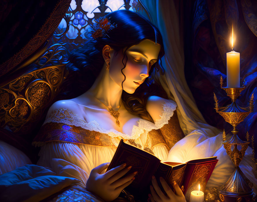 Woman in White Dress Reading Book by Candlelight in Ornate Setting