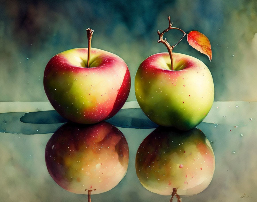 Bright red and green apples with reflective surface and single leaf on stem.