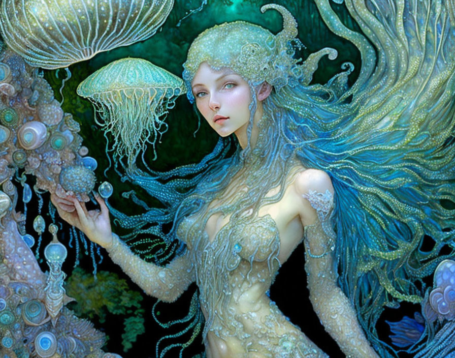 Mermaid-like creature with jellyfish-inspired adornments in vibrant undersea scene