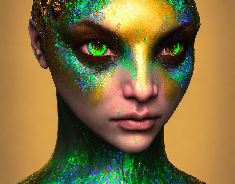 Close-up Portrait of Person with Reptilian-Style Makeup in Green, Blue, and Gold