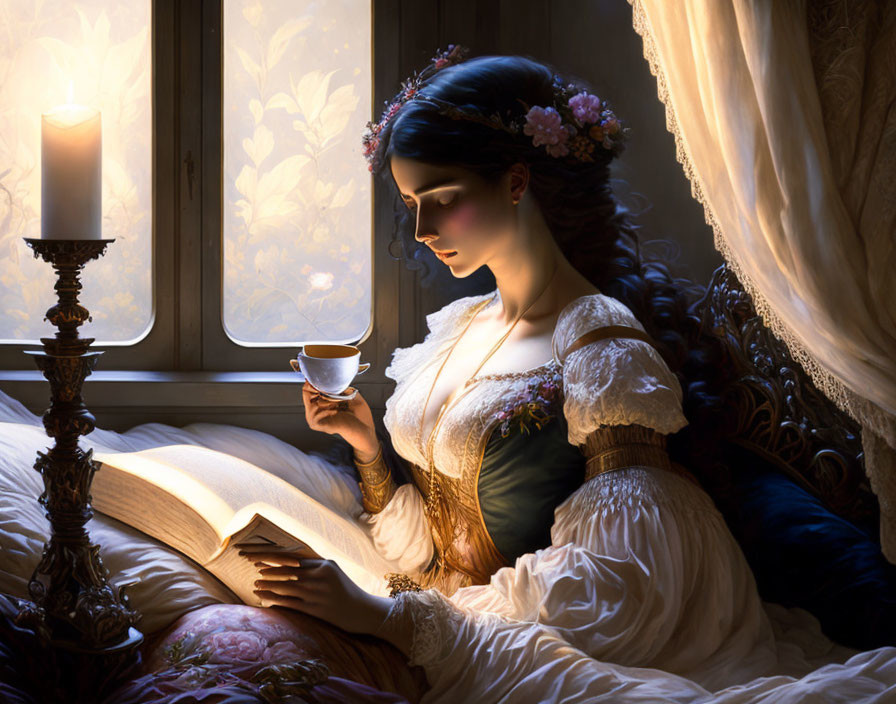 Historical woman reading by candlelight with cup and flowers