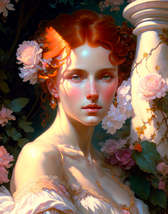Digital Artwork: Woman with Red Hair and Flowers in Intense Eyes, Surrounded by Roses on