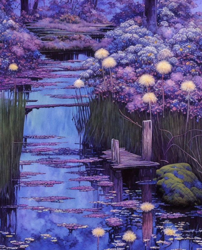 Tranquil violet garden painting with wooden boardwalk and blooming flowers