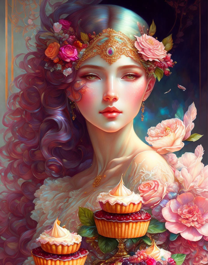 Detailed illustration of woman with floral headpiece and cupcakes