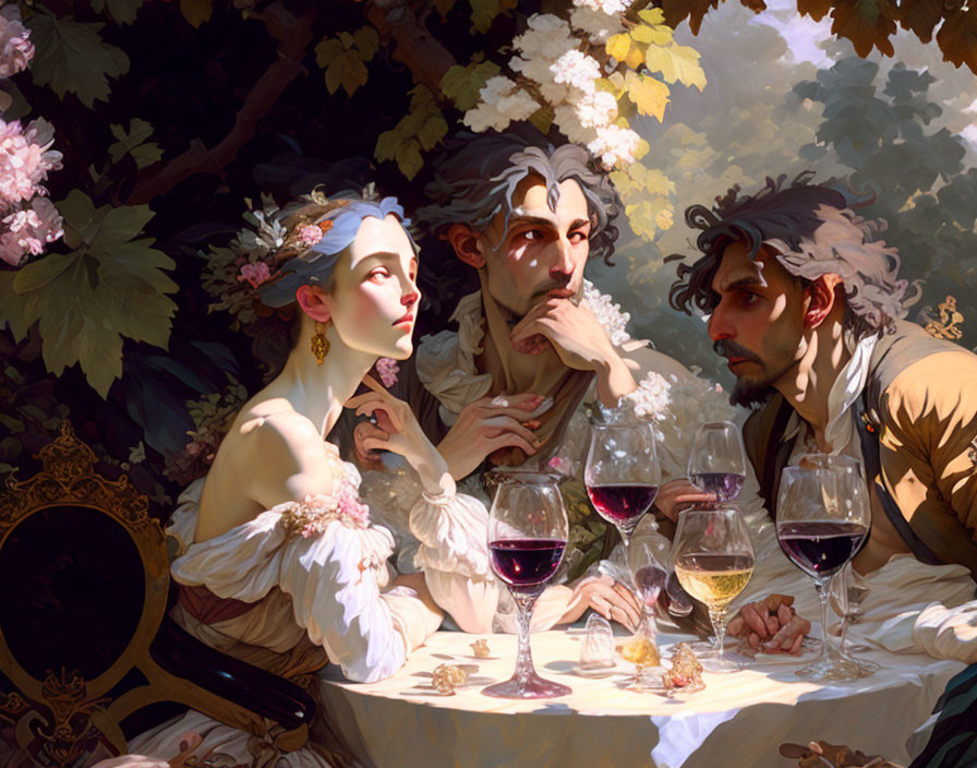 Historical individuals deep in thought at table with wine glasses in lush floral setting